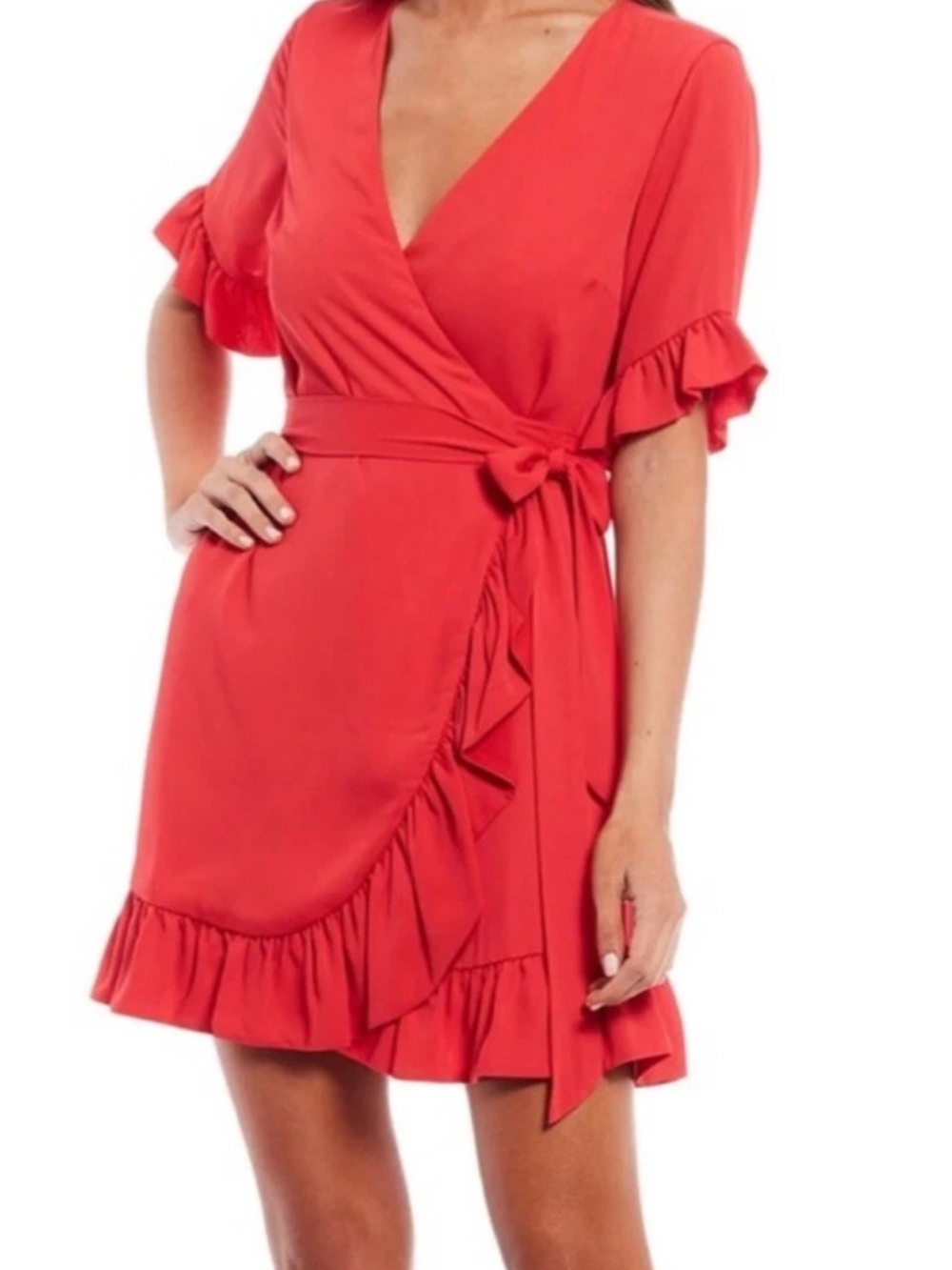 Gianni Bini Bright Red Wrap Mini Dress with Ruffle Trim